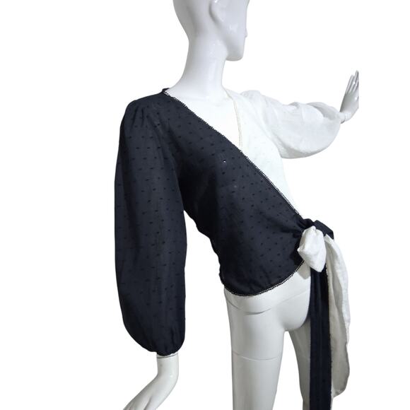 Anthropologie Farm Rio Womens size XS Swiss Dot Wrap Puff Sleeve Color Block Top - Picture 6 of 11